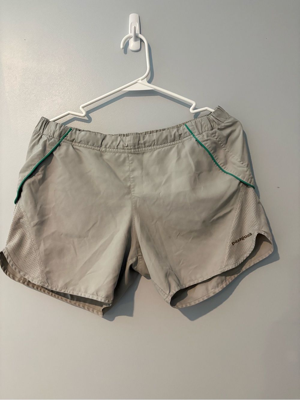 Patagonia Women's Light Gray Athletic Shorts with Green Piping